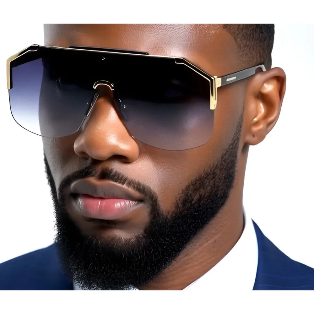Shield Sunglasses Gold Accents Single‎ Black Lens Miami Beach Style Trendy Gafas